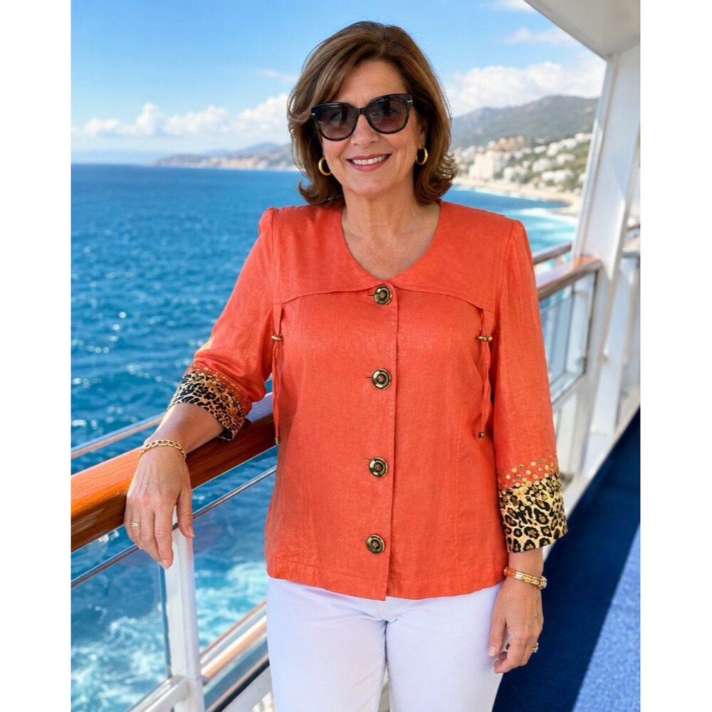 Berek Linen Jacket Women XL Coral Orange Sequins Animal Print Button Up Coat